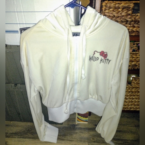 Hello Kitty & Friends x Forever 21 Womens Ivory Cropped Hoodie Full Zip sz M - Picture 6 of 10